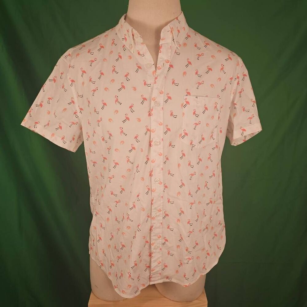 NWT J Crew Factory Flex Pink Flamingo Short Sleeve Button Down Shirt XL Slim